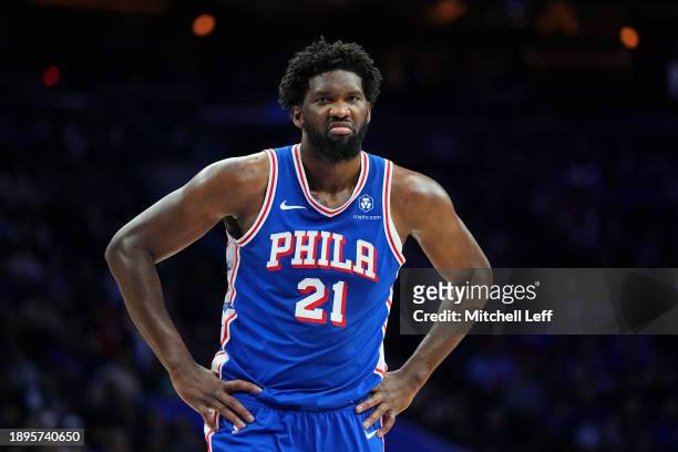 Joel Embiid of the Philadelphia 76ers reacts against the Chicago Bulls in the first quarter at the Wells Fargo Center on January 2, 2024 in...