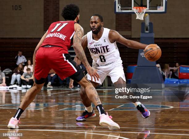 January 2: Jeremy Pargo of the G League Ignite dribbles the ball during the game against the Sioux Falls Skyforce on January 2, 2024 in Sioux Falls,...