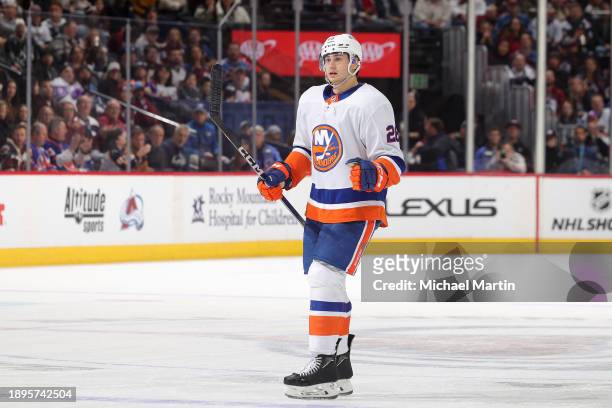 Alexander Romanov of the New York Islanders celebrates a goal against the Colorado Avalanche at Ball Arena on January 2, 2024 in Denver, Colorado.