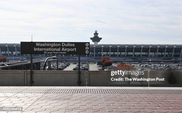 View of Dulles International Airport from the platform of the Washington Dulles International Airport Station on the new Silver Line extension from...