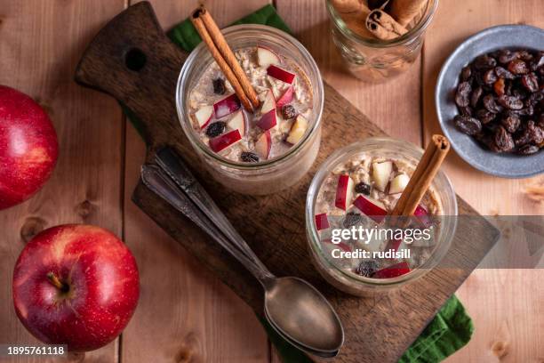 apple cinnamon overnight oats - dried apples stock pictures, royalty-free photos & images