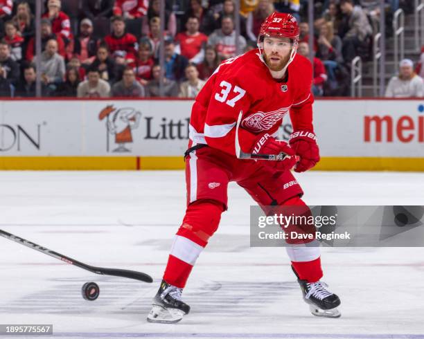 Compher of the Detroit Red Wings backhands the puck into the Nashville Predators end during the first period at Little Caesars Arena on December 29,...