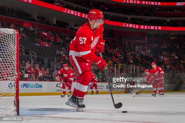 David Perron of the Detroit Red Wings skates around in warm ups before the game against the Nashville Predators at Little Caesars Arena on December...