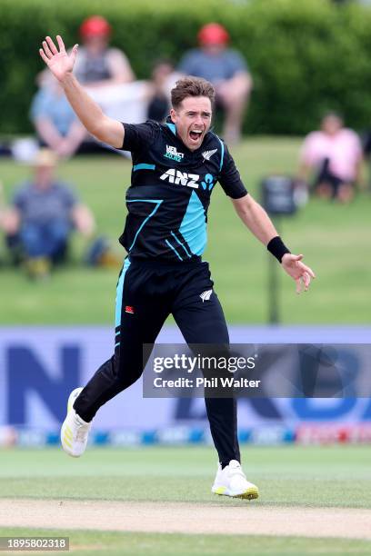 Tim Southee of New Zealand celebrates his LBW of Soumya Sarkar of Bangladeshduring game three of the Men's T20 International series between New...