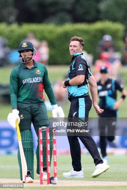 Tim Southee of New Zealand celebrates his LBW of Soumya Sarkar of Bangladesh during game three of the Men's T20 International series between New...