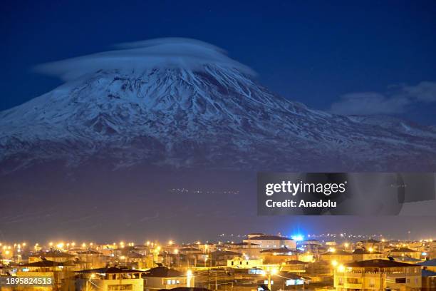 Lenticular cloud appears over the snow covered Mount Ararat in Igdir, Turkiye on December 28, 2023.