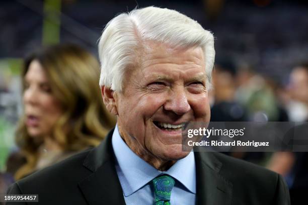 Former head coach Jimmy Johnson looks on prior to the game between the Detroit Lions and the Dallas Cowboys at AT&T Stadium on December 30, 2023 in...