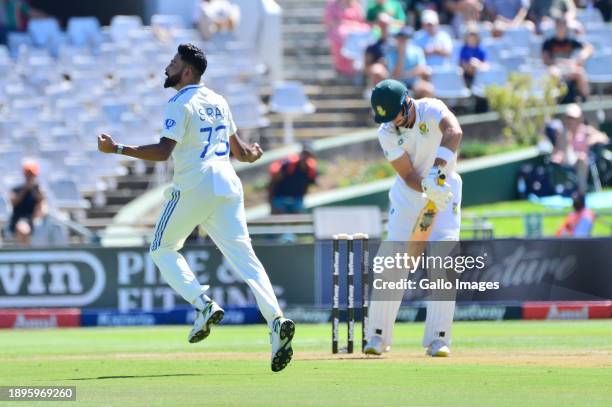 Mohammed Siraj of India celebrates the wicket of Aiden Markram of South Africa during day 1 of the 2nd Test match between South Africa and India at...