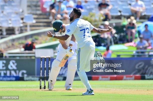 Mohammed Siraj of India celebrates the wicket of Aiden Markram of South Africa during day 1 of the 2nd Test match between South Africa and India at...