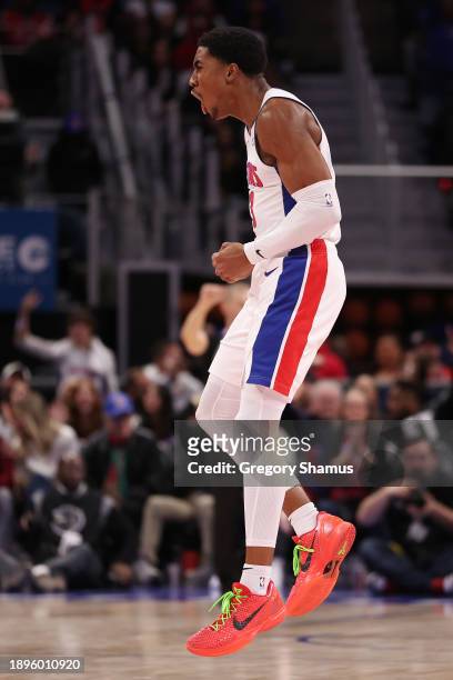 Jaden Ivey of the Detroit Pistons celebrates a second half three point basket while playing the Toronto Raptors at Little Caesars Arena on December...