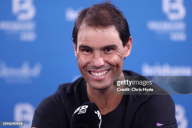 Rafael Nadal of Spain speaks to the media on day one of the 2024 Brisbane International at Queensland Tennis Centre on December 31, 2023 in Brisbane,...