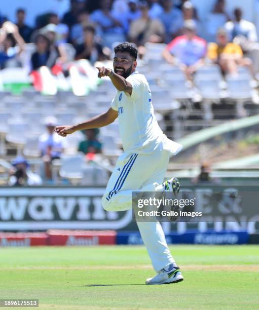 Mohammed Siraj of India celebrates the wicket of David Bedingham of South Africa during day 1 of the 2nd Test match between South Africa and India at...