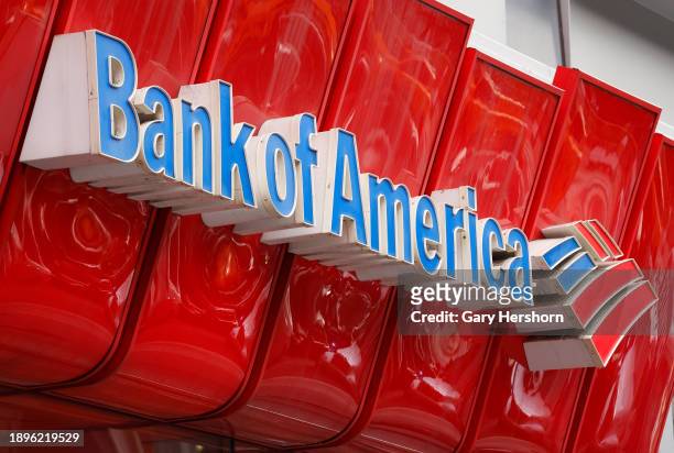 The corporate logo for Bank of America is displayed on their branch in Times Square on December 30 in New York City.