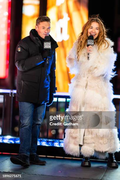 Ryan Seacrest and Rita Ora are seen rehearsing for "Dick Clark's New Year's Rockin' Eve" in Times Square on December 30, 2023 in New York City.