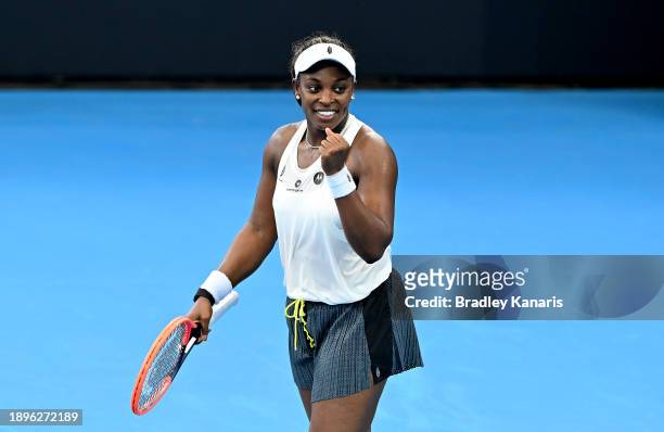 Sloane Stephens of the USA celebrates victory after her match against Katerina Siniakova of the Czech Republic during day one of the 2024 Brisbane...