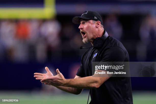 Head coach Dan Campbell of the Detroit Lions reacts to a penalty during a two point conversion attempt against the Dallas Cowboys during the fourth...