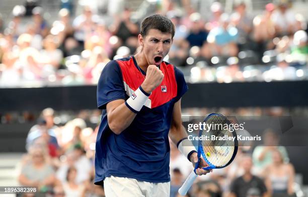 Alexei Popyrin of Australia celebrates after winning a point in his match against Christopher O’Connell of Australia during day one of the 2024...