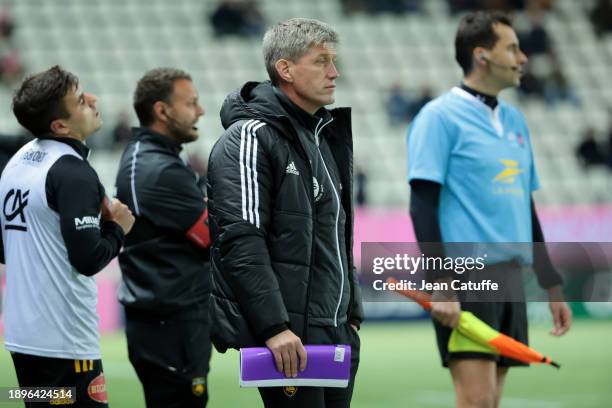 Coach of La Rochelle Ronan O'Gara looks on during the Top 14 rugby match between Stade Francais Paris and Stade Rochelais at Stade Jean Bouin on...