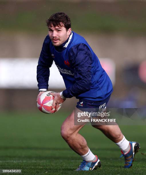 French scrum-half Antoine Dupont takes part in a training session of the French rugby seven team in Marcoussis, south of Paris, on January 3 as part...