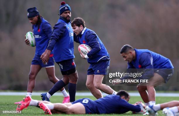 French scrum-half Antoine Dupont takes part in a training session of the French rugby seven team in Marcoussis, south of Paris, on January 3 as part...