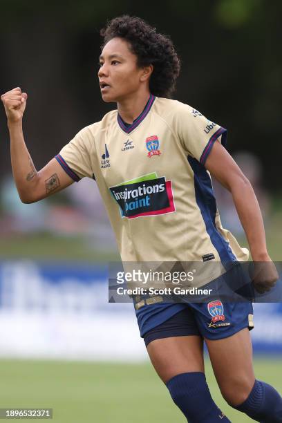 Sarina Bolden of the Jets celebrates a goal during the A-League Women round 10 match between Newcastle Jets and Adelaide United at No. 2 Sports...