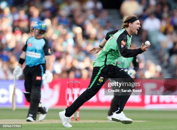 Corey Rocchiccioli of the Stars celebrates after getting the wicket of D'Arcy Short of the Strikers - caught and bowled for 25 runs during the BBL...