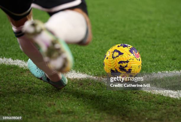 Detailed view of the ball as a player takes a corner kick during the Premier League match between Nottingham Forest and Manchester United at City...