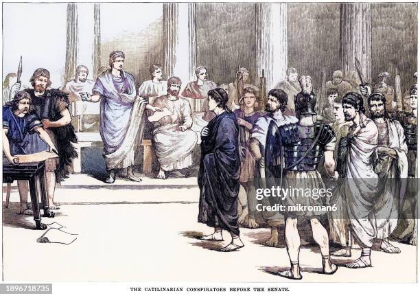 old engraved illustration of the ciceron denounces the conspirator catilina (lucius sergius catilina) (108-62 bc) on november 8, 63 bc, senate, rome - a plot, devised by the roman senator catiline to overthrow the roman republic - statista foto e immagini stock