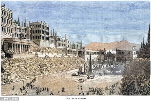 old engraved illustration of stadium circus maximus in ancient rome - roma antiga imagens e fotografias de stock