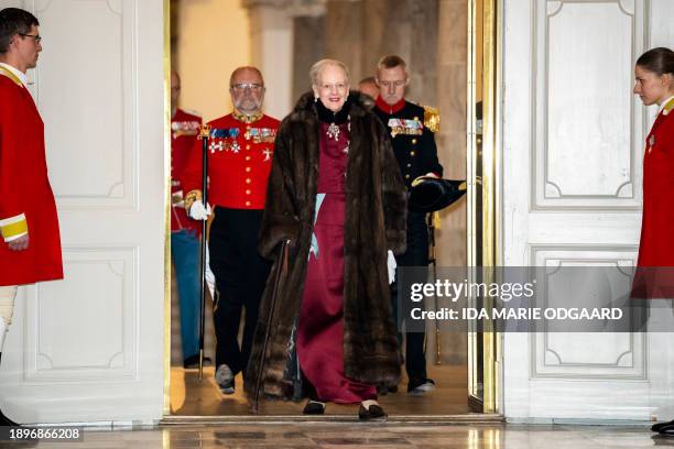 Queen Margrethe II of Denmark arrives to greet the diplomatic corps during a New Year reception at Christiansborg Palace, Copenhagen, Denmark, on...