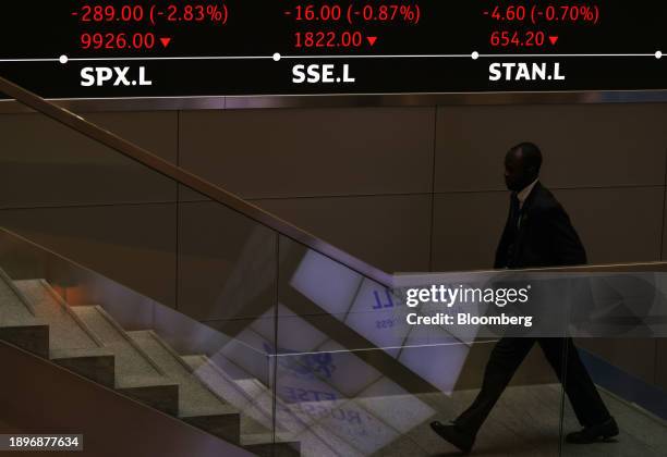 Stock price information displayed in the London Stock Exchange Group Plc's office atrium in the City of London, UK, on Wednesday, Jan. 3, 2024. The...