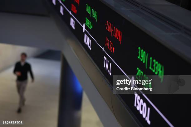 Stock price information displayed in the London Stock Exchange Group Plc's office atrium in the City of London, UK, on Wednesday, Jan. 3, 2024. The...