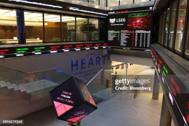 Stock price information displayed in the London Stock Exchange Group Plc's office atrium in the City of London, UK, on Wednesday, Jan. 3, 2024. The...