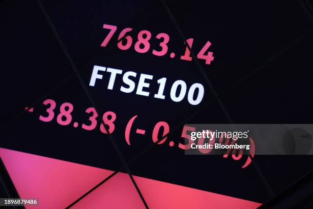 Stock price information of the FTSE 100 Share Index displayed in the London Stock Exchange Group Plc's office atrium in the City of London, UK, on...