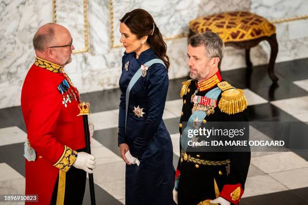 Crown Prince Frederik of Denmark and Crown Princess Mary of Denmark greet the diplomatic corps during a New Year reception at Christiansborg Palace,...