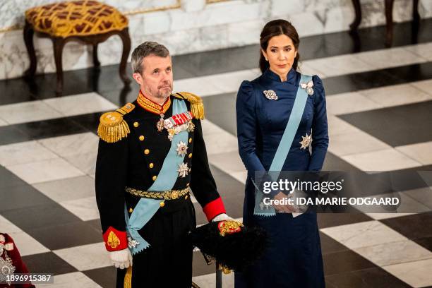 Crown Prince Frederik of Denmark and Crown Princess Mary of Denmark greet the diplomatic corps during a New Year reception at Christiansborg Palace,...