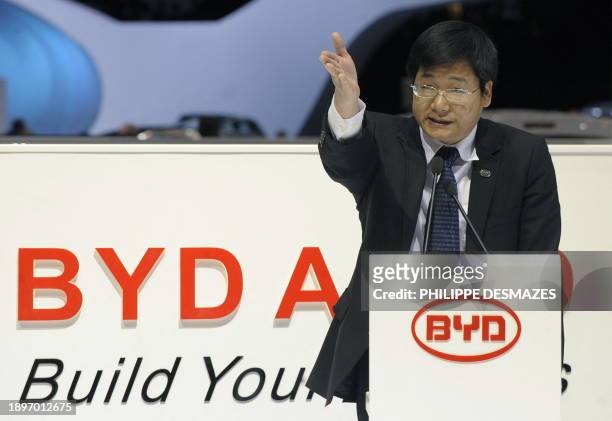 Wang Chuanfu, Chairman and President of Chinese carmaker BYD Company Limited, gives a press conference to present the new all-electric car BYD E6 on...