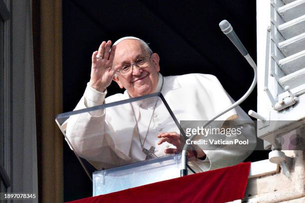 Pope Francis delivers his Sunday Angelus blessing from his studio overlooking St. Peter's Square on December 31, 2023 in Vatican City, Vatican. Pope...