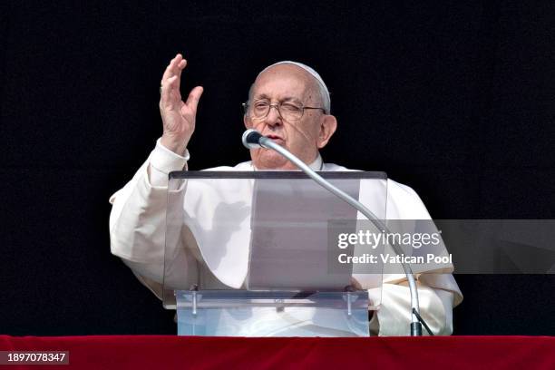 Pope Francis delivers his Sunday Angelus blessing from his studio overlooking St. Peter's Square on December 31, 2023 in Vatican City, Vatican. Pope...