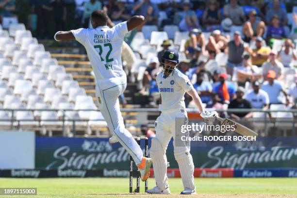 South Africa's Lungi Ngidi celebrates after the dismissal of India's KL Rahul during the first day of the second cricket Test match between South...