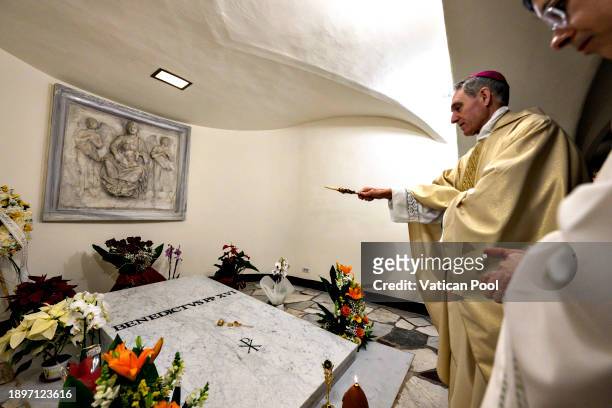 Former Prefect of the Papal Household and the Personal Secretary of Pope Benedict XVI, Archbishop Georg Gänswein blesses Pope Benedict XVI’s crypt at...