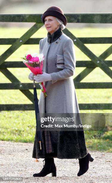 Birgitte, Duchess of Gloucester attends the New Year's Eve Mattins service at the Church of St Mary Magdalene on the Sandringham estate on December...