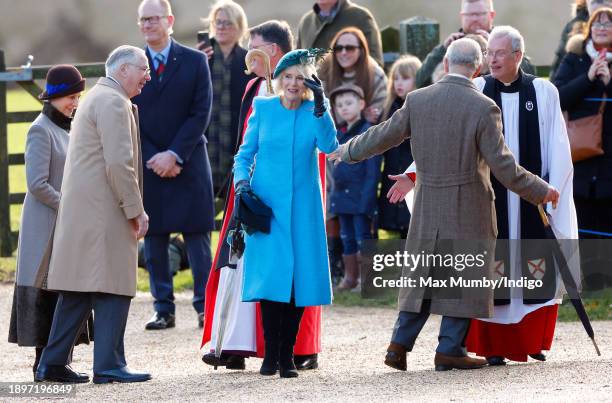 Birgitte, Duchess of Gloucester, Prince Richard, Duke of Gloucester, Queen Camilla and King Charles III attend the New Year's Eve Mattins service at...