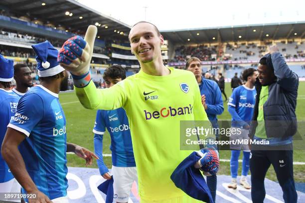 Maarten Vandevoordt of Genk celebrates after a football game between KRC Genk and Royal Antwerp FC on match day 20 of the Jupiler Pro League season...