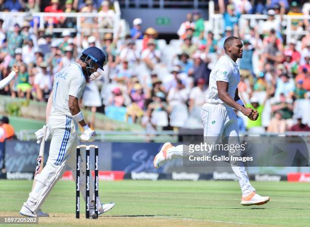 Lungi Ngidi of South Africa celebrates the wicket of KL Rahul of India during day 1 of the 2nd Test match between South Africa and India at Newlands...