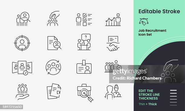 recruitment vector icon set containing 16 editable stroke icons. - new job stock illustrations