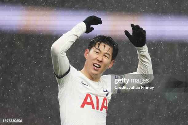 Son Heung-Min of Tottenham Hotspur celebrates after scoring their team's second goal during the Premier League match between Tottenham Hotspur and...