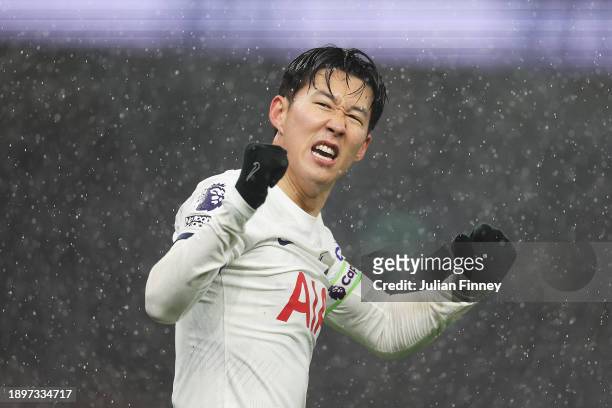 Son Heung-Min of Tottenham Hotspur celebrates after scoring their team's second goal during the Premier League match between Tottenham Hotspur and...
