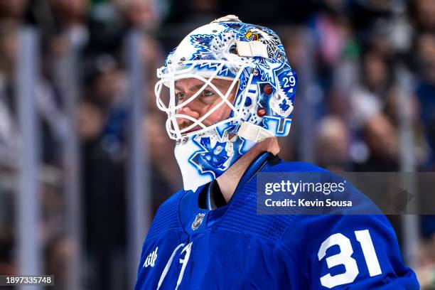 Martin Jones of the Toronto Maple Leafs looks on against the Carolina Hurricanes during the third period at the Scotiabank Arena on December 30, 2023...