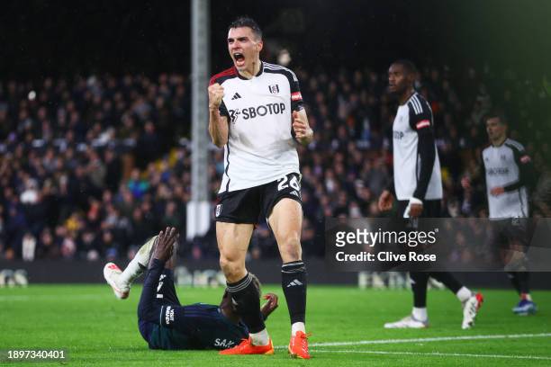 Joao Palhinha of Fulham celebrates during the Premier League match between Fulham FC and Arsenal FC at Craven Cottage on December 31, 2023 in London,...